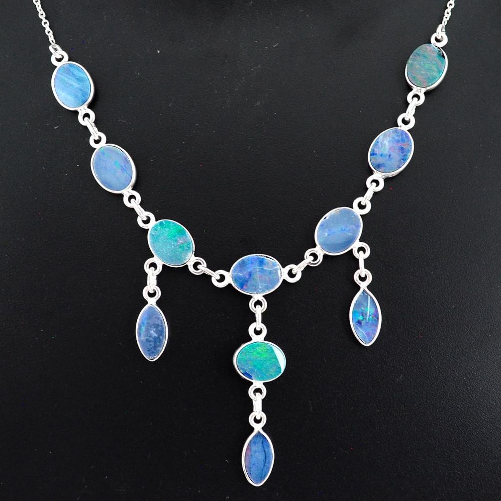 20.18cts natural blue doublet opal australian 925 silver necklace r94062