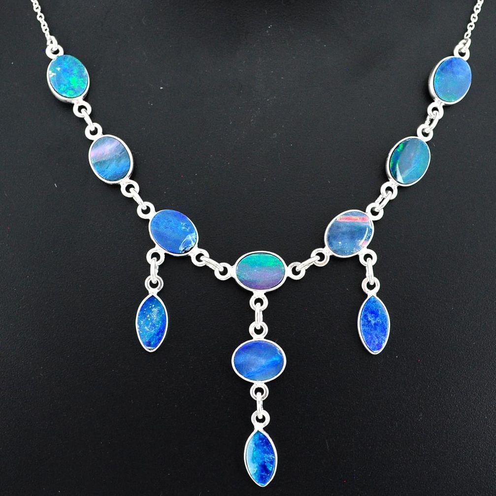 20.72cts natural blue doublet opal australian 925 silver necklace r94065