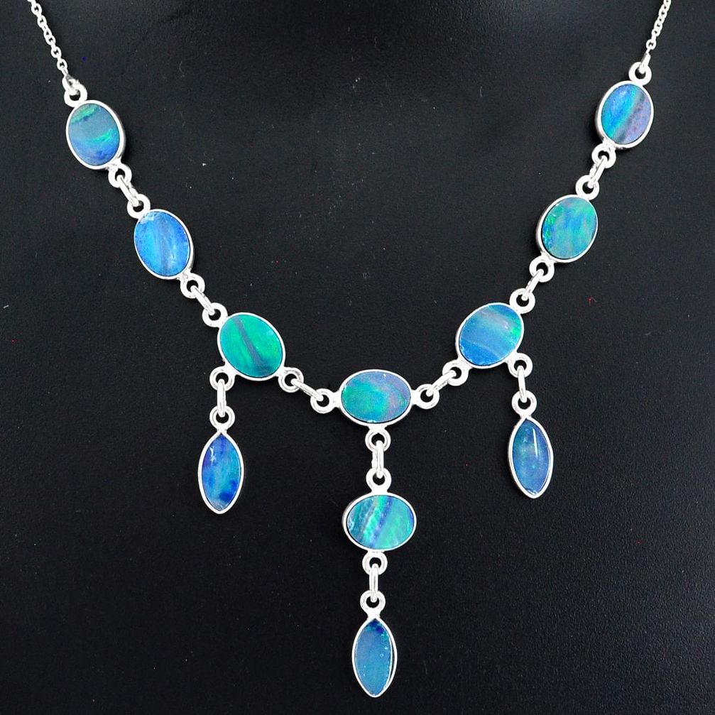 20.67cts natural blue doublet opal australian 925 silver necklace r94070