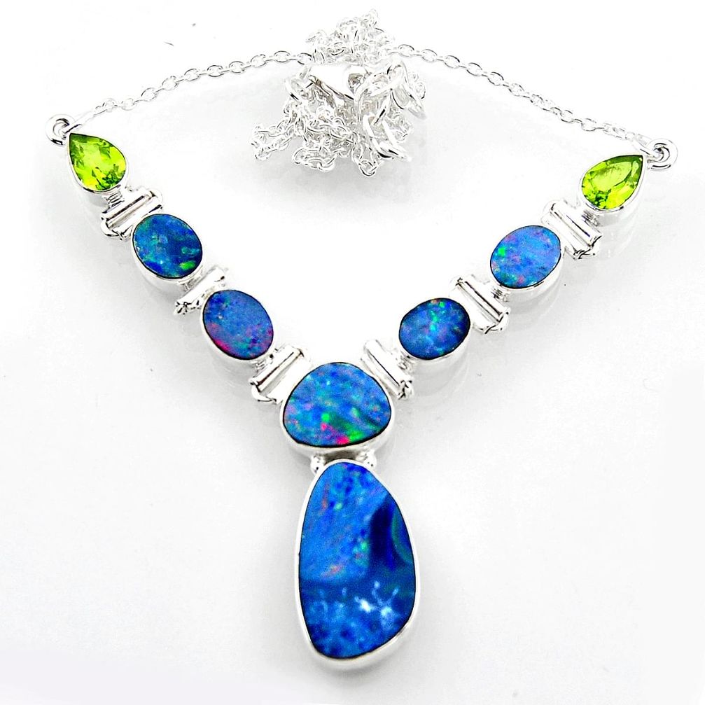 26.70cts natural blue doublet opal australian peridot 925 silver necklace r52294