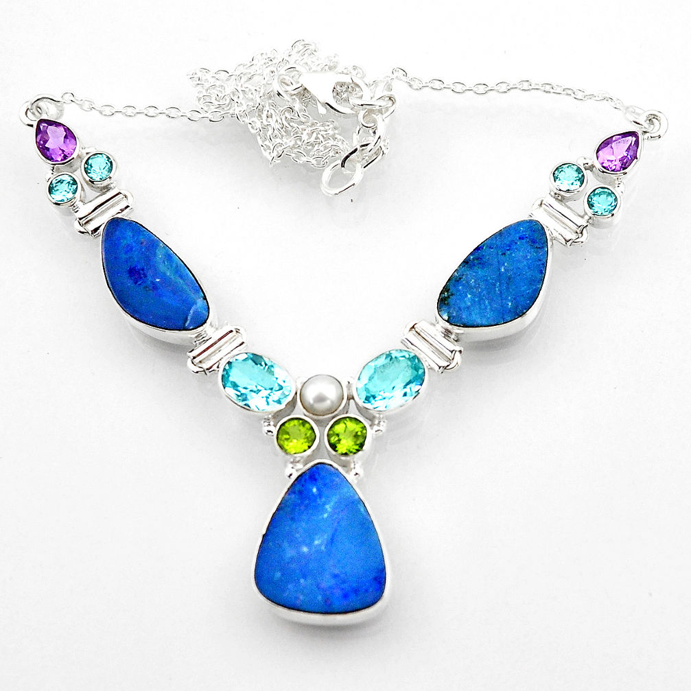 28.53cts natural blue doublet opal australian topaz 925 silver necklace r52278