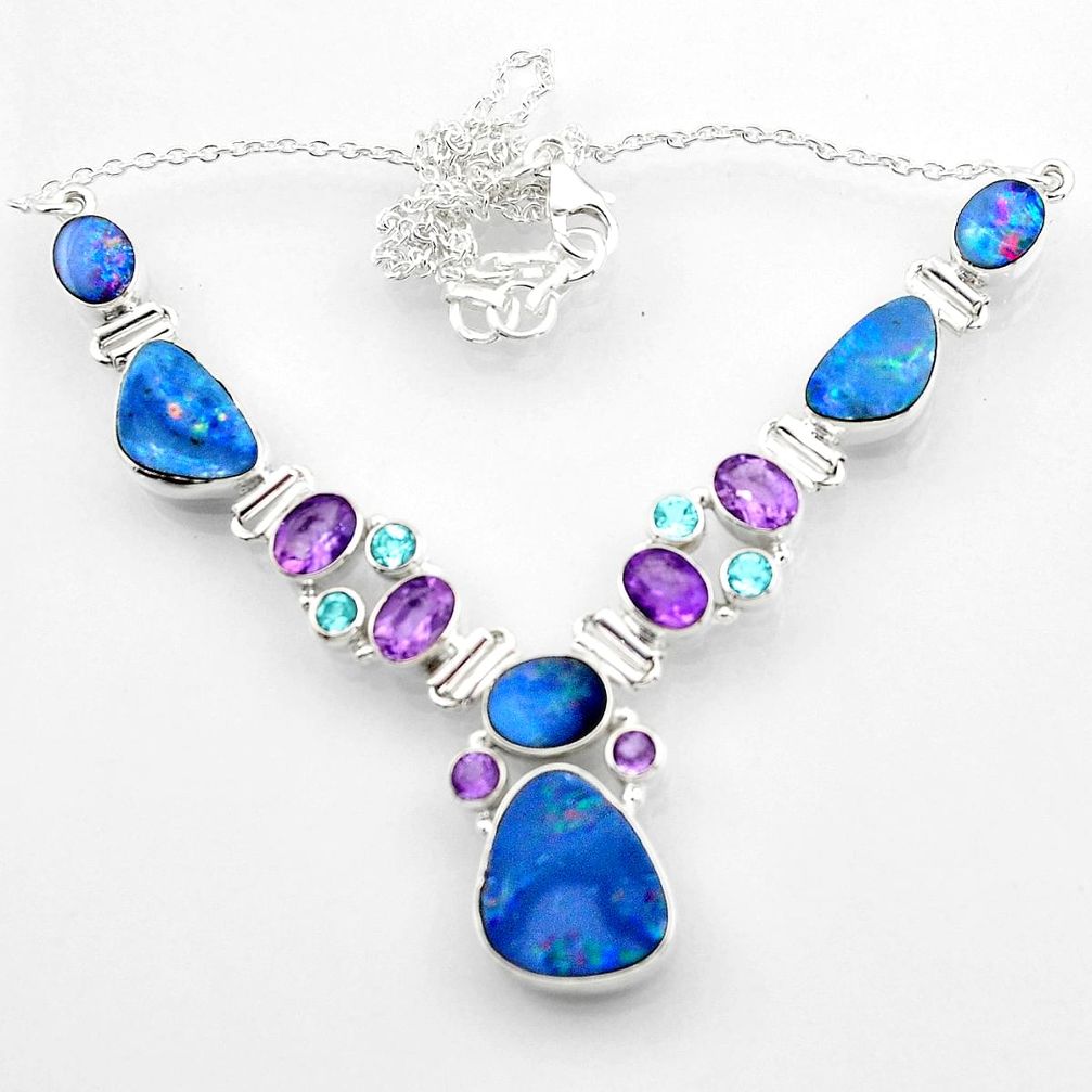 36.77cts natural blue doublet opal australian topaz 925 silver necklace r52279