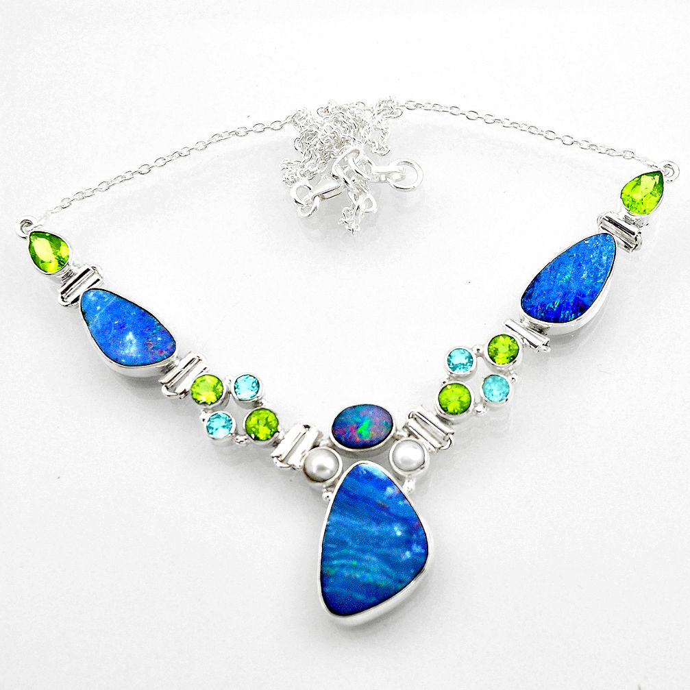 34.02cts natural blue doublet opal australian topaz 925 silver necklace r52285