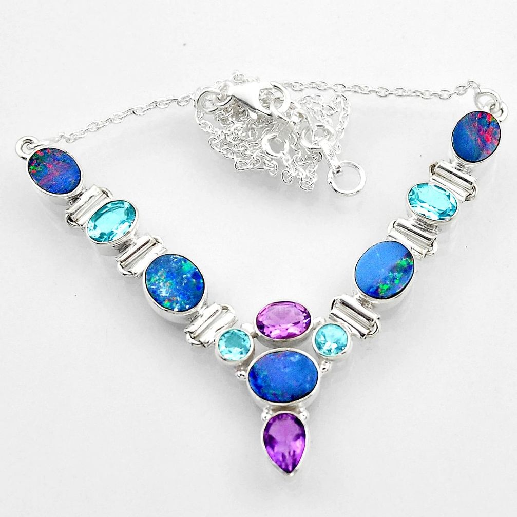 27.25cts natural blue doublet opal australian topaz 925 silver necklace r52291