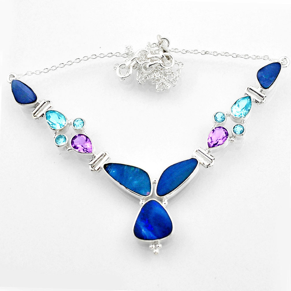 28.55cts natural blue doublet opal australian topaz 925 silver necklace r52292