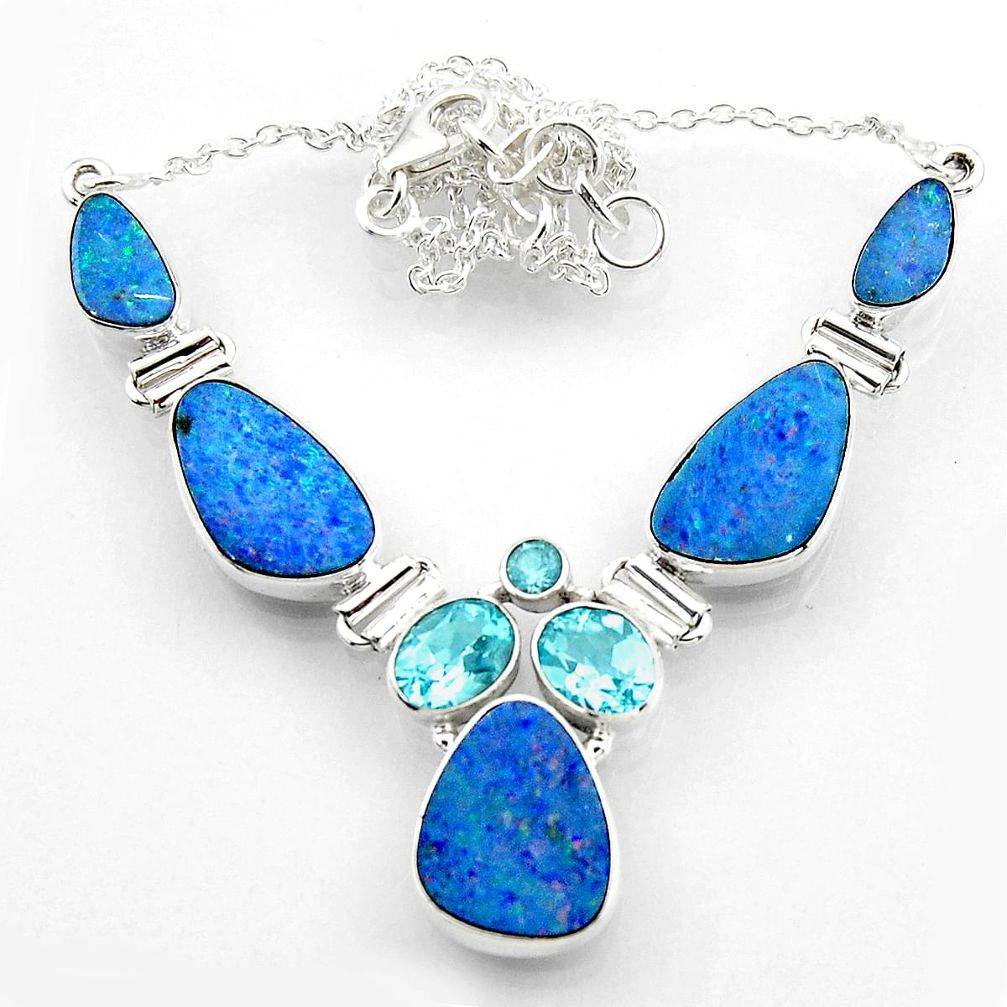 26.99cts natural blue doublet opal australian topaz 925 silver necklace r52297