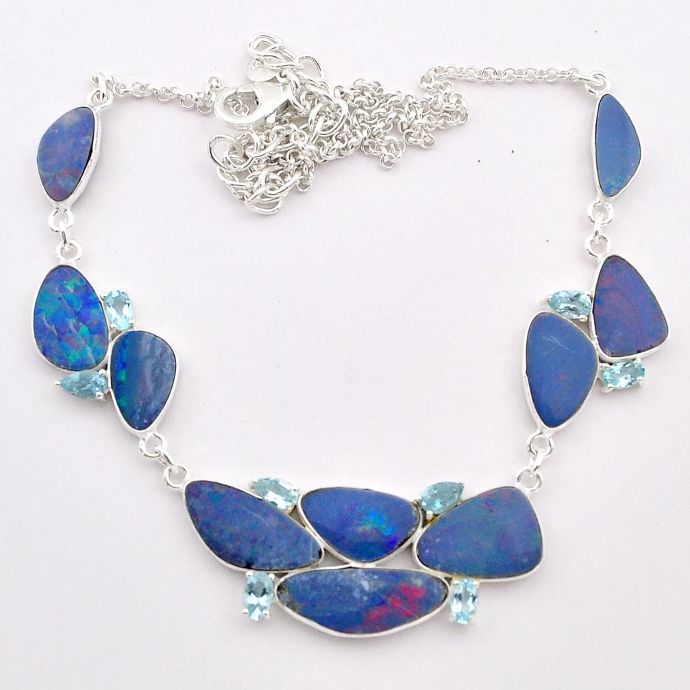 30.40cts natural blue doublet opal australian topaz 925 silver necklace t58222