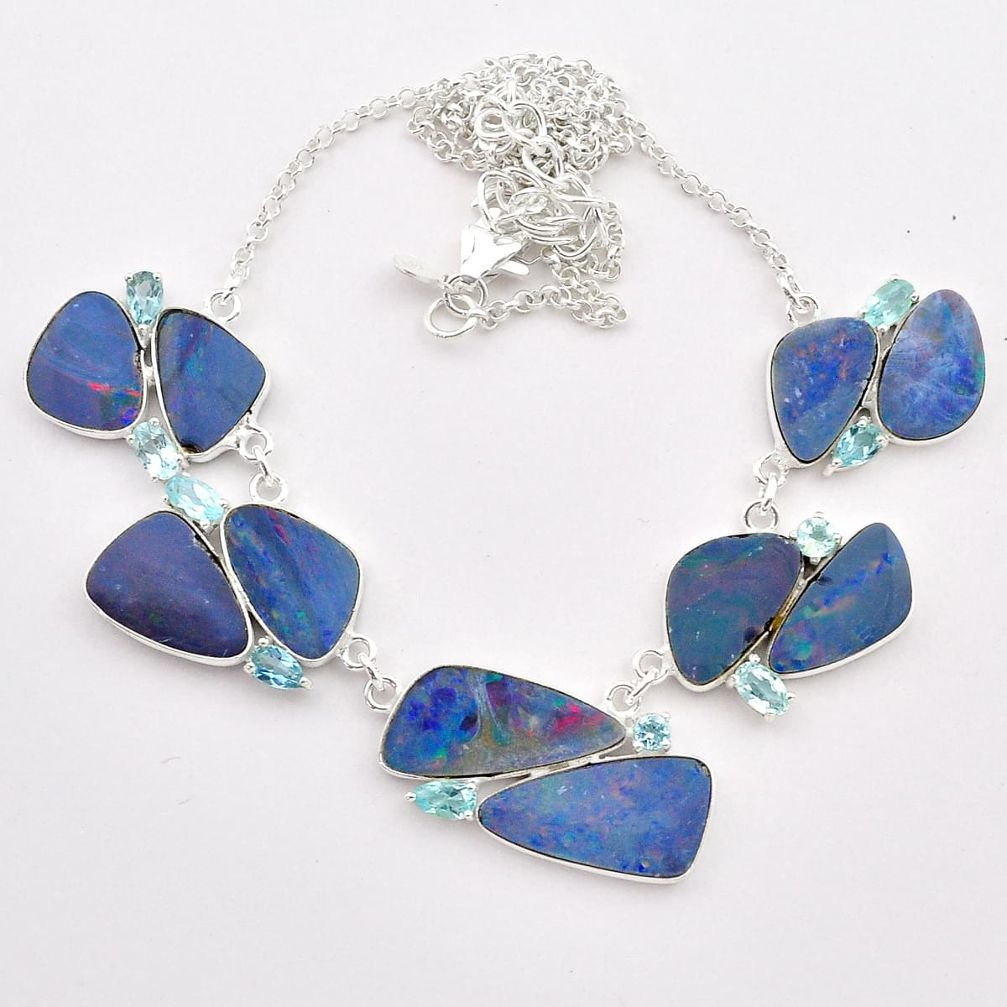 32.45cts natural blue doublet opal australian topaz 925 silver necklace t58224