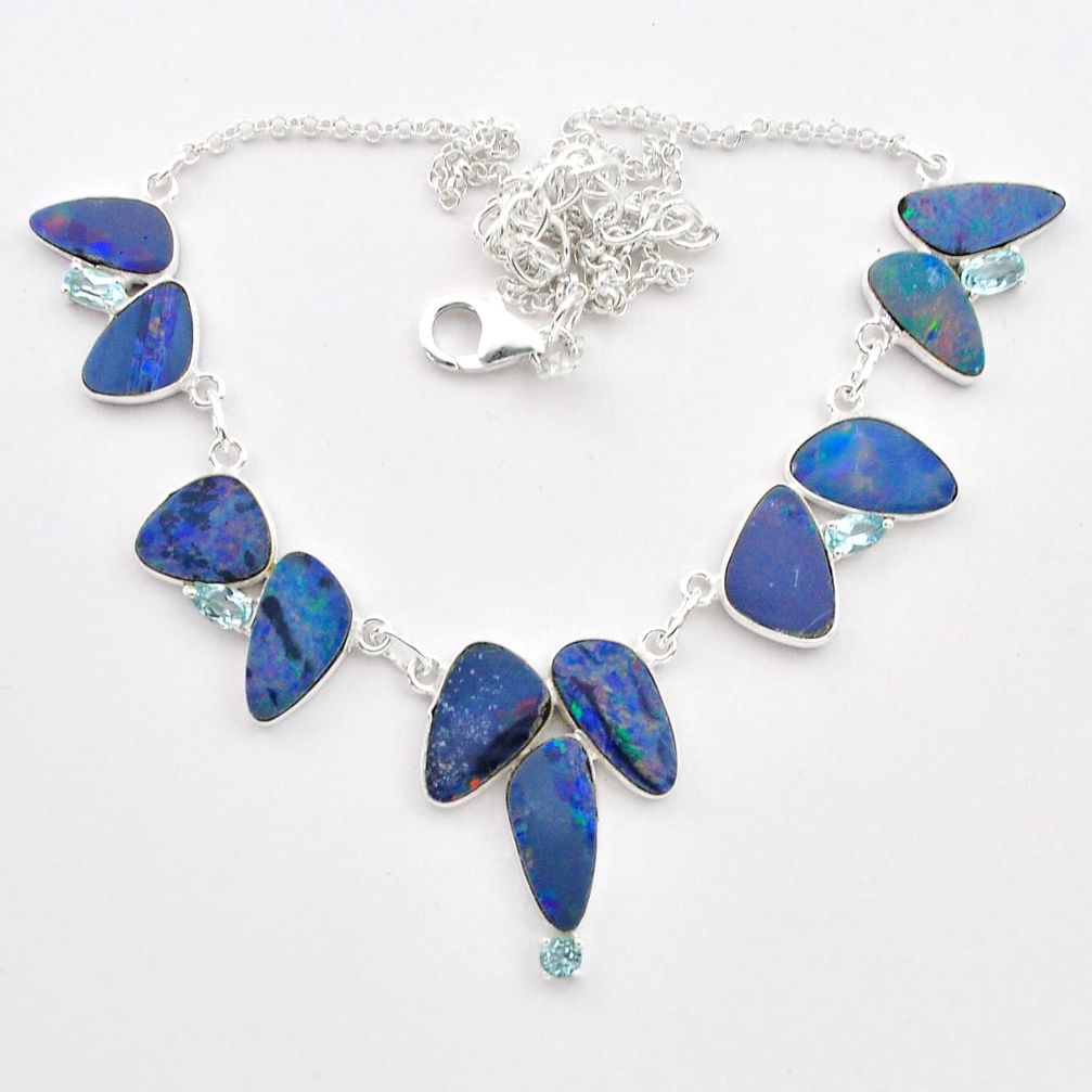 25.71cts natural blue doublet opal australian topaz 925 silver necklace t58227