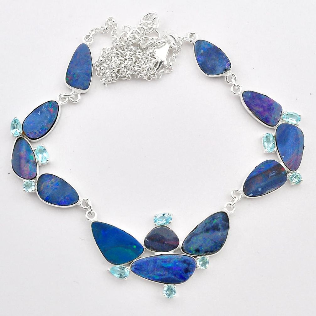 29.35cts natural blue doublet opal australian topaz 925 silver necklace t58229