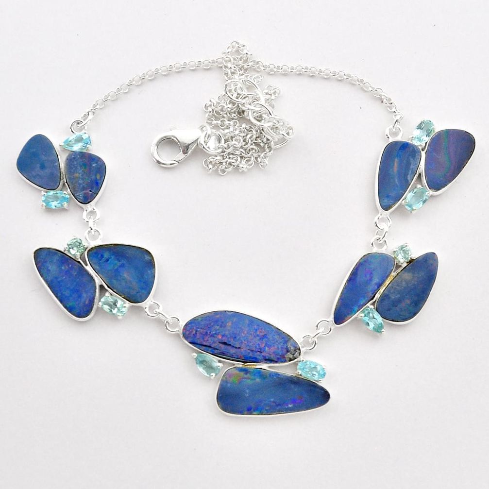 30.39cts natural blue doublet opal australian topaz 925 silver necklace t58234