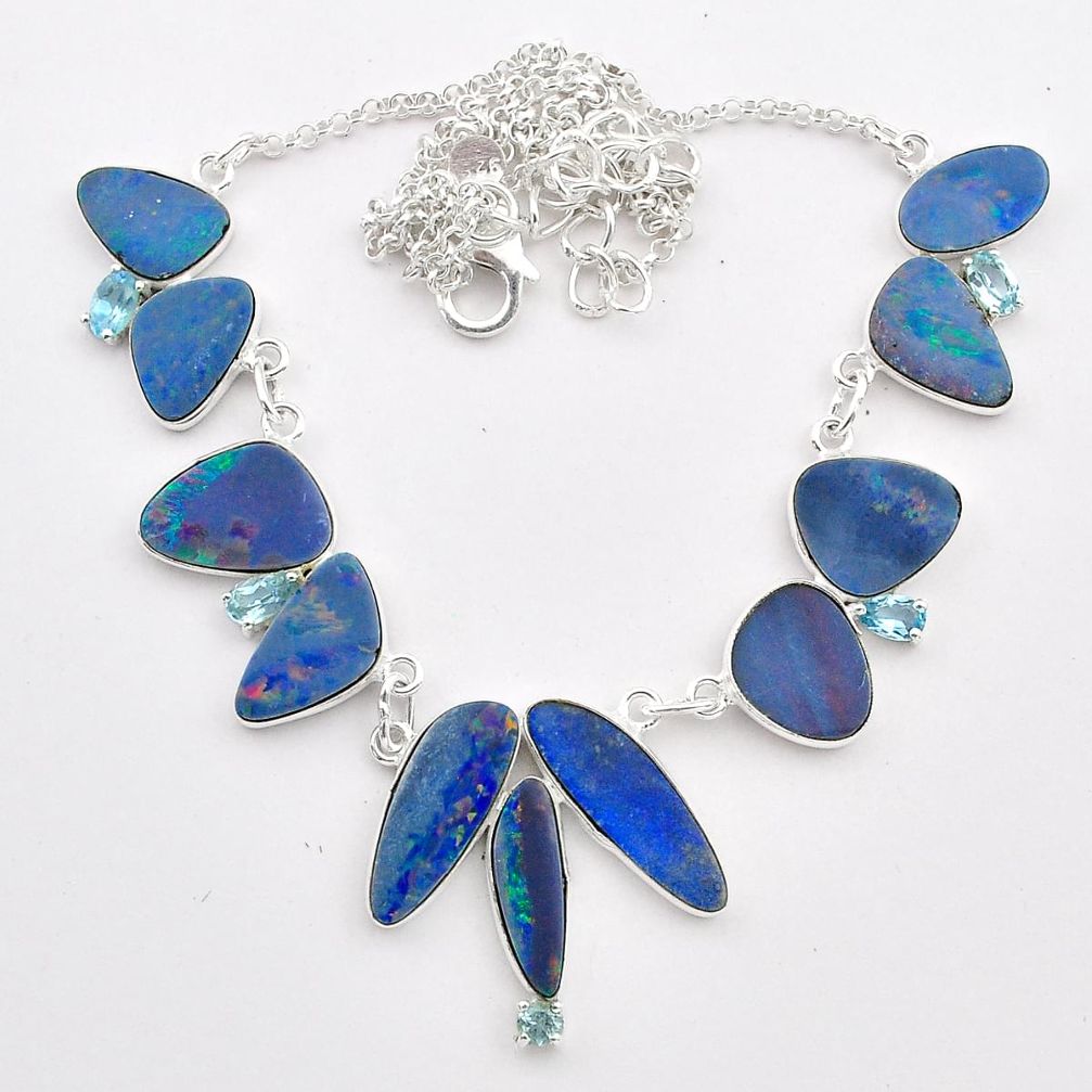 28.65cts natural blue doublet opal australian topaz 925 silver necklace t58245