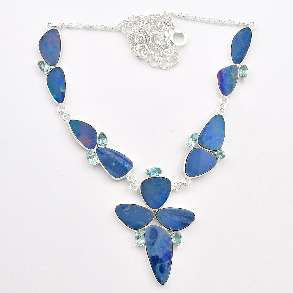 30.91cts natural blue doublet opal australian topaz 925 silver necklace t58257