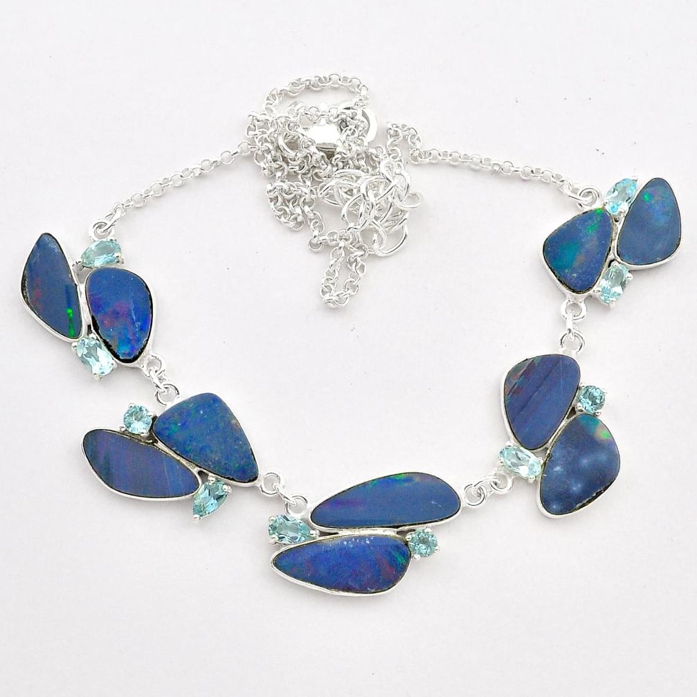 28.18cts natural blue doublet opal australian topaz 925 silver necklace t58259