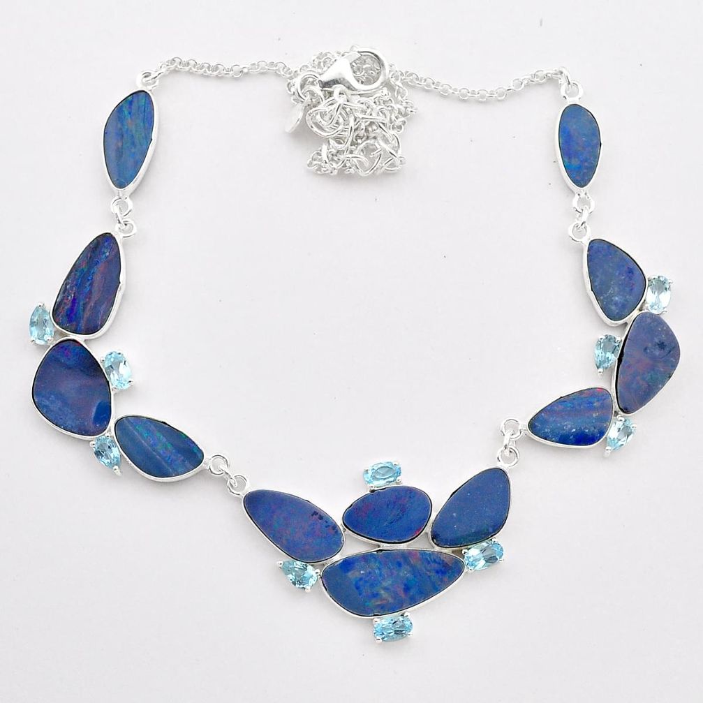 30.39cts natural blue doublet opal australian topaz 925 silver necklace t58264