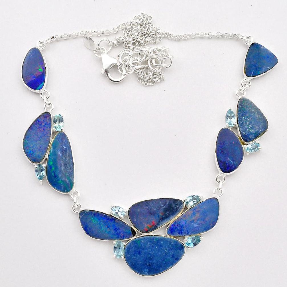 32.45cts natural blue doublet opal australian topaz 925 silver necklace t58265