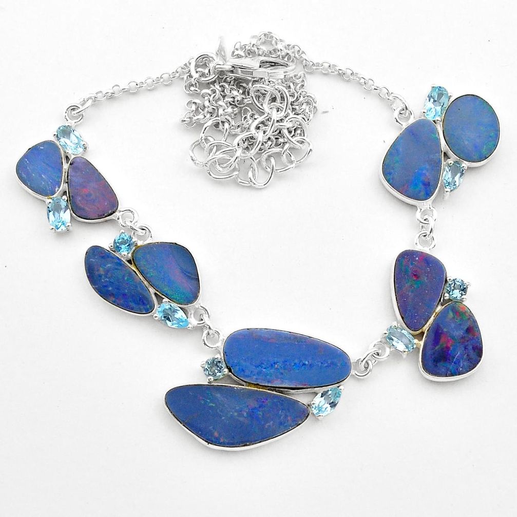 28.26cts natural blue doublet opal australian topaz 925 silver necklace t58272