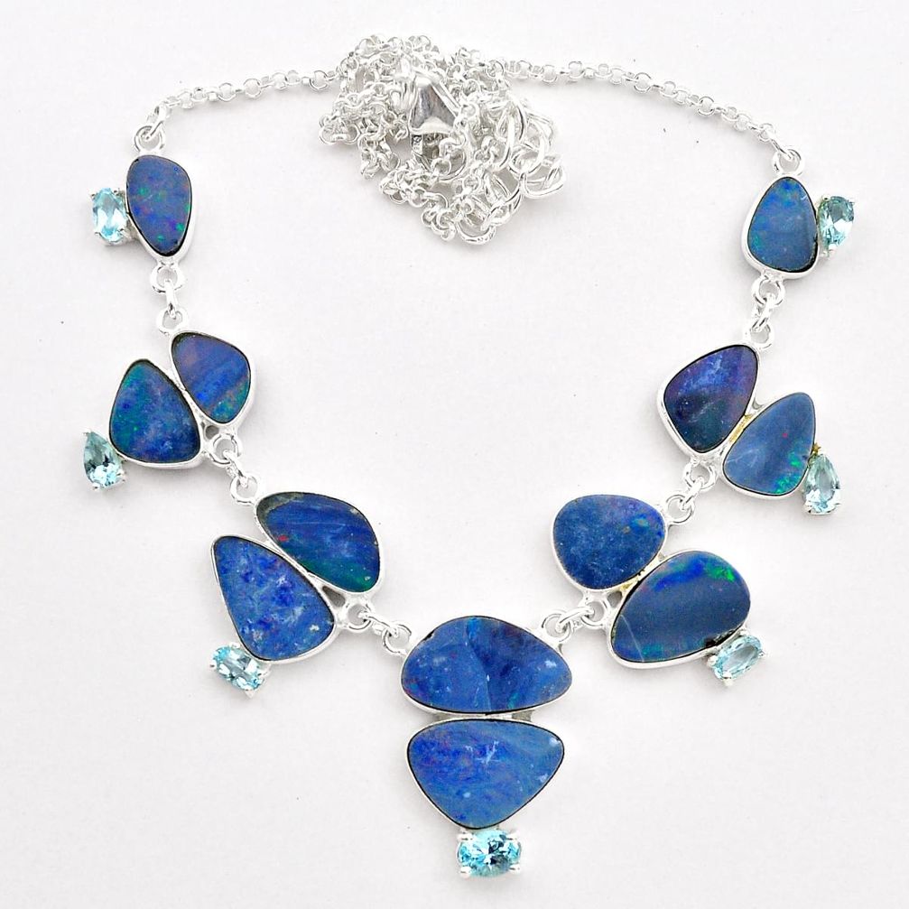 28.31cts natural blue doublet opal australian topaz 925 silver necklace t58273