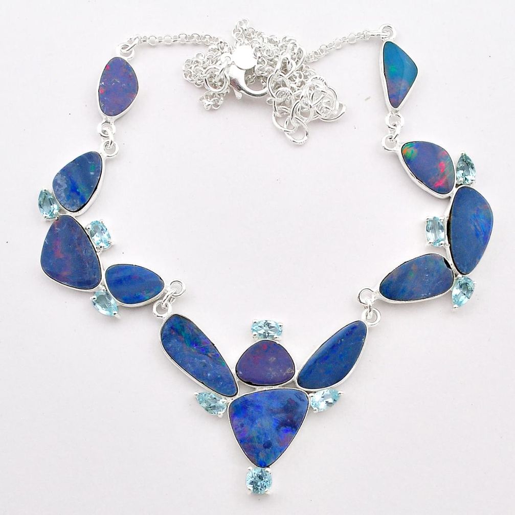 28.68cts natural blue doublet opal australian topaz 925 silver necklace t58278