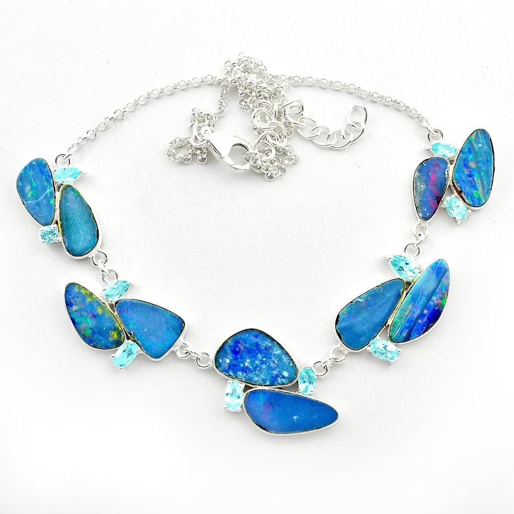 30.86cts natural blue doublet opal australian topaz 925 silver necklace t58283