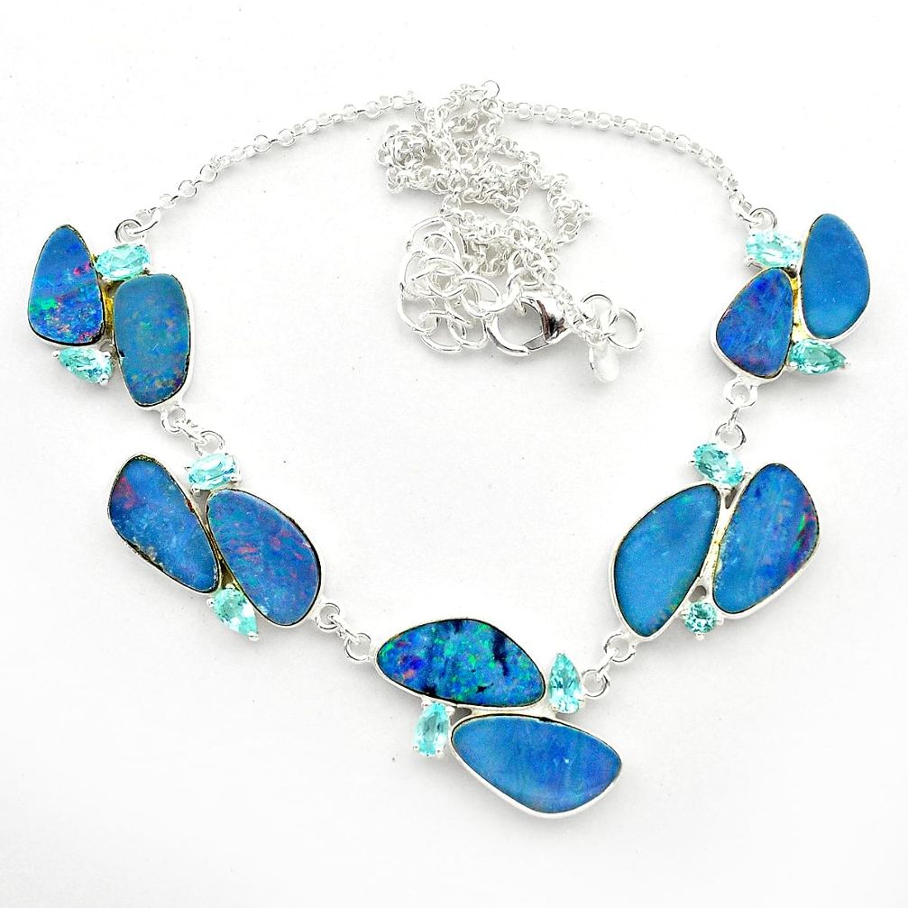 30.37cts natural blue doublet opal australian topaz 925 silver necklace t58285