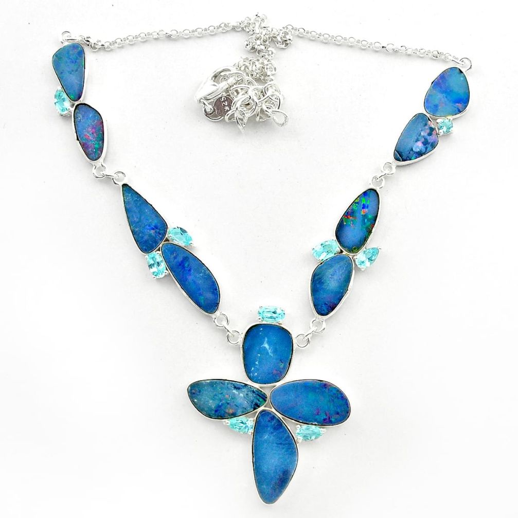 29.85cts natural blue doublet opal australian topaz 925 silver necklace t58289