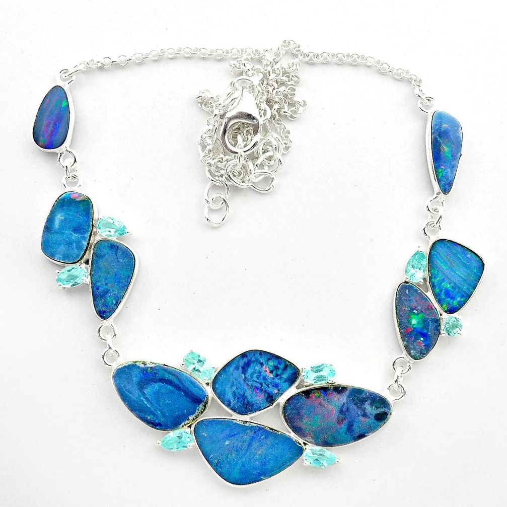 28.31cts natural blue doublet opal australian topaz 925 silver necklace t58291
