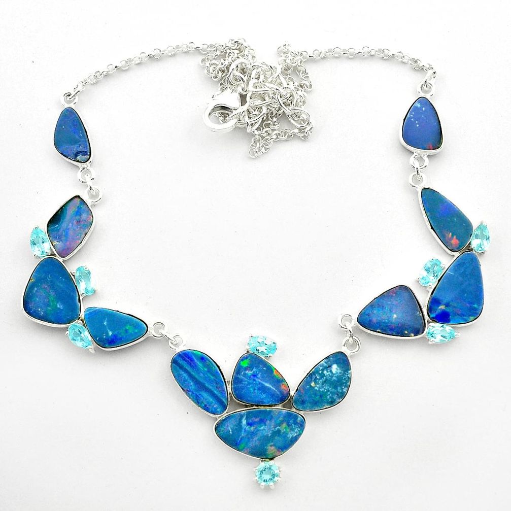 28.68cts natural blue doublet opal australian topaz 925 silver necklace t58292