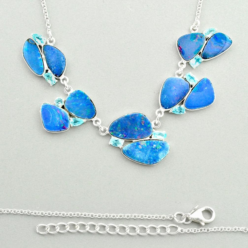 30.05cts natural blue doublet opal australian topaz 925 silver necklace u24918