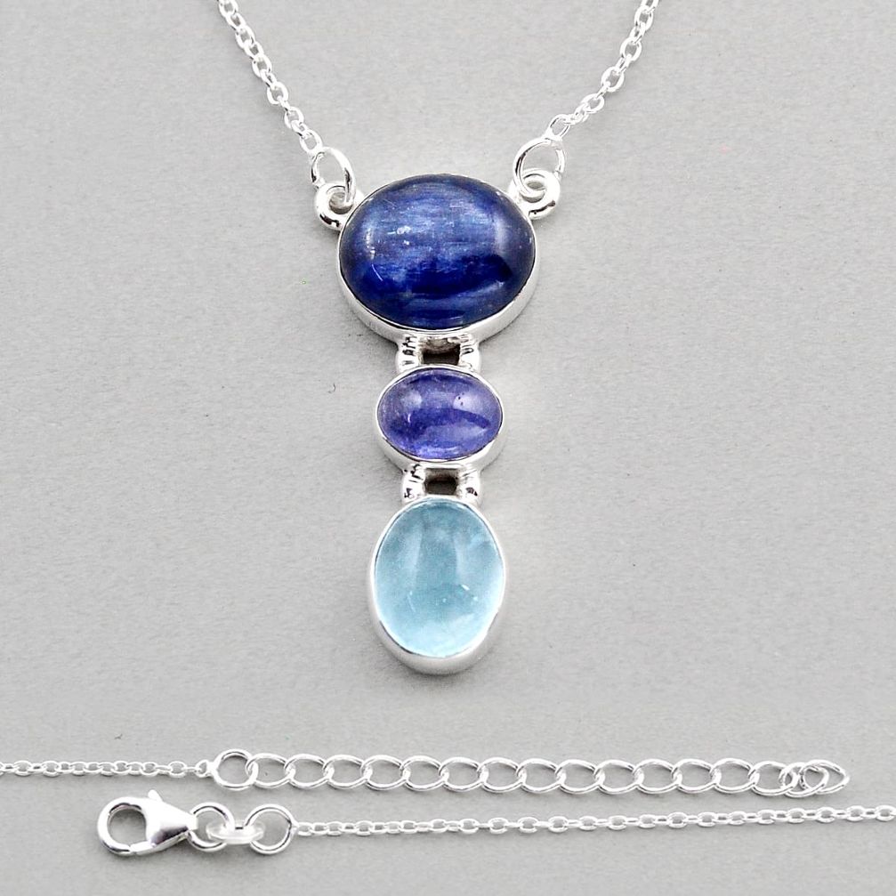 10.68cts natural blue kyanite aquamarine tanzanite 925 silver necklace y84930