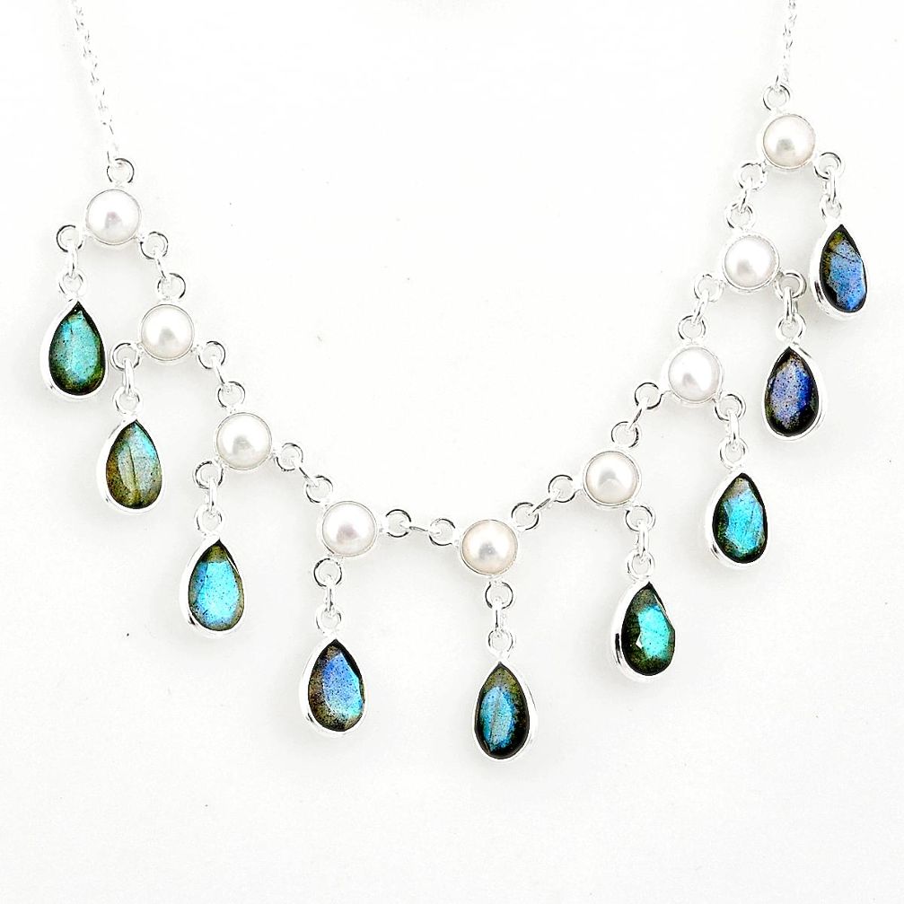 22.54cts natural blue labradorite pearl 925 sterling silver necklace r77393