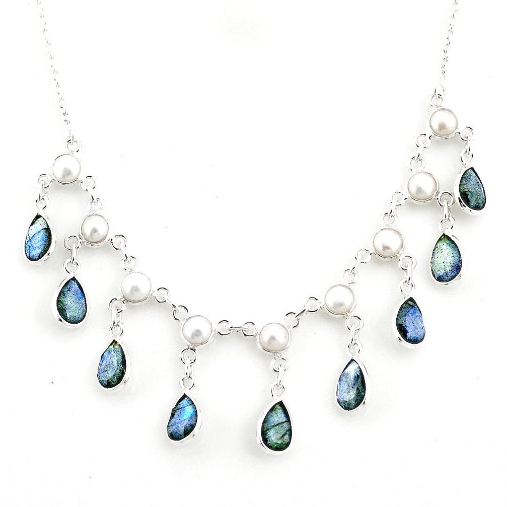 22.15cts natural blue labradorite pearl 925 sterling silver necklace r77397