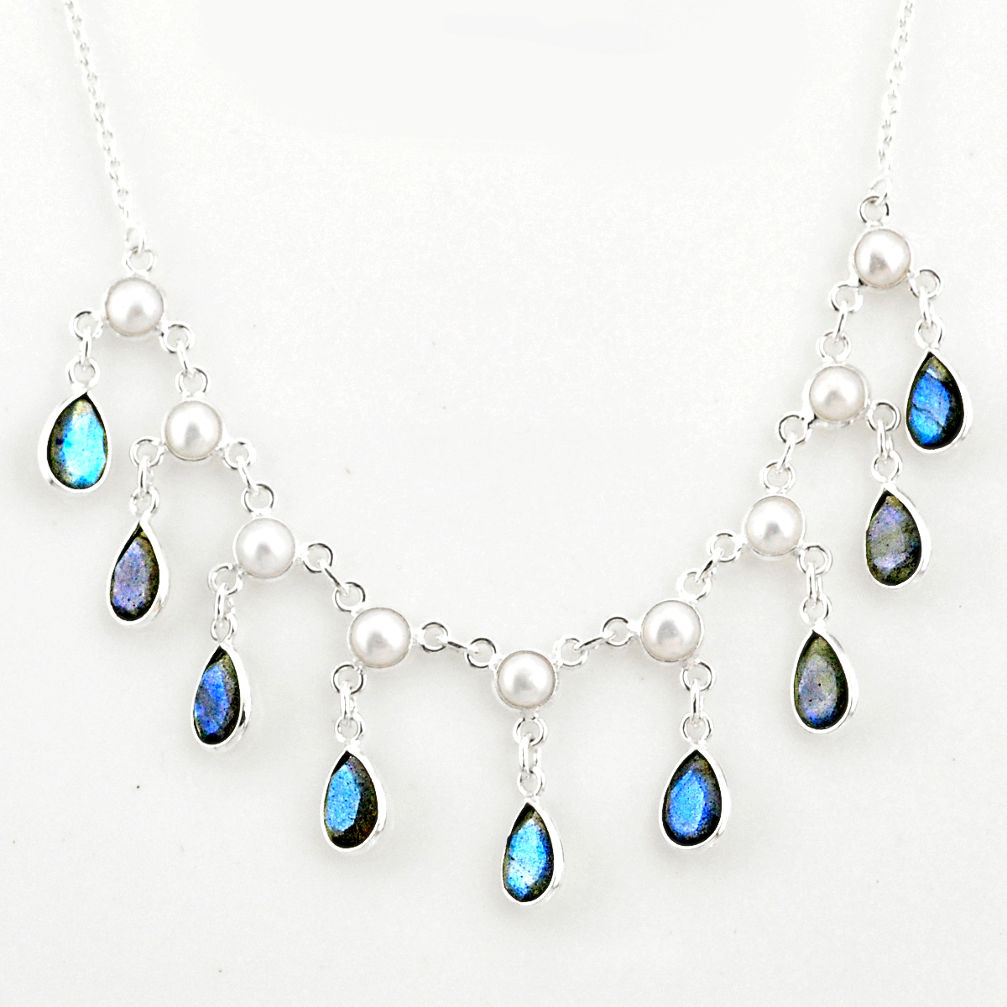 22.15cts natural blue labradorite pearl 925 sterling silver necklace r77398