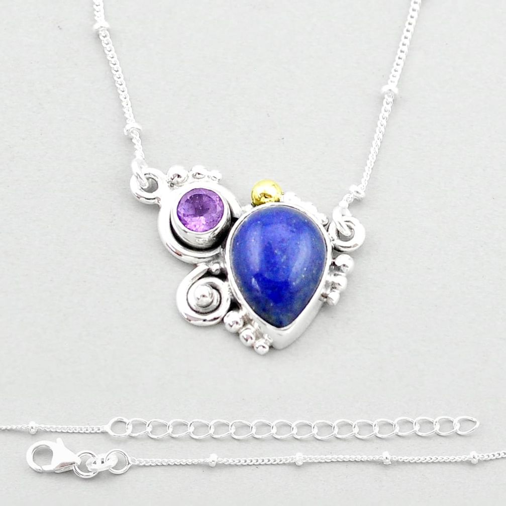 7.25cts natural blue lapis lazuli pear amethyst 925 silver gold necklace u40186