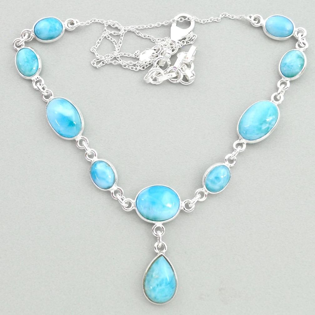28.24cts natural blue larimar oval 925 sterling silver necklace jewelry t19828