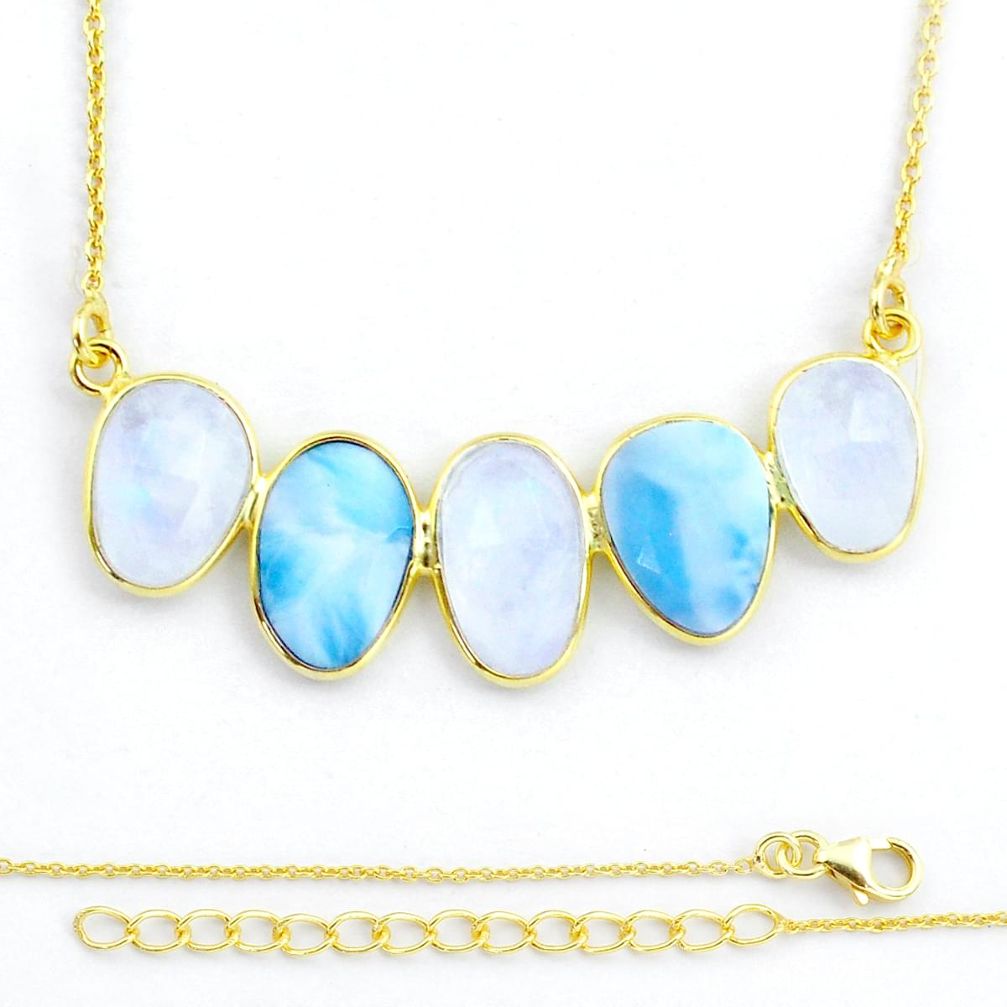 15.34cts natural blue larimar rainbow moonstone gold 925 silver necklace u22570