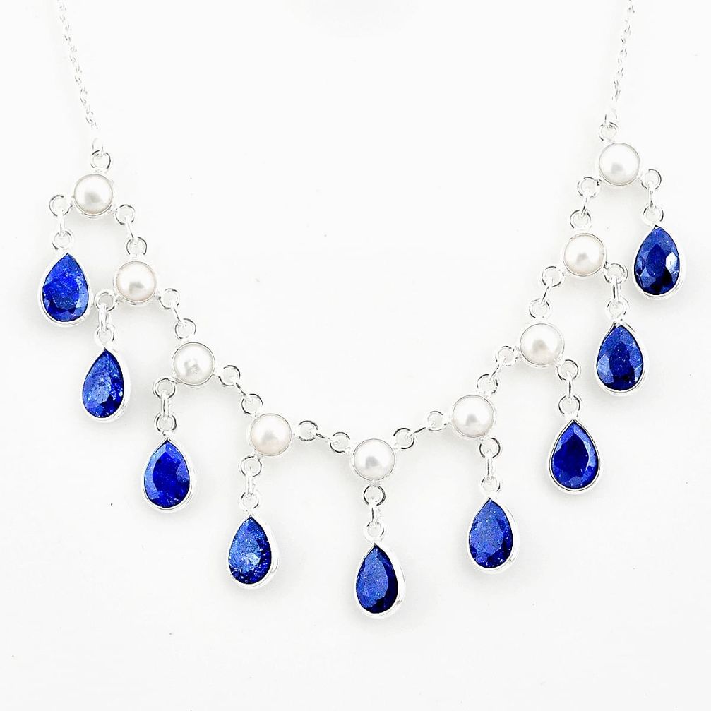 24.24cts natural blue sapphire pear pearl 925 sterling silver necklace r77392
