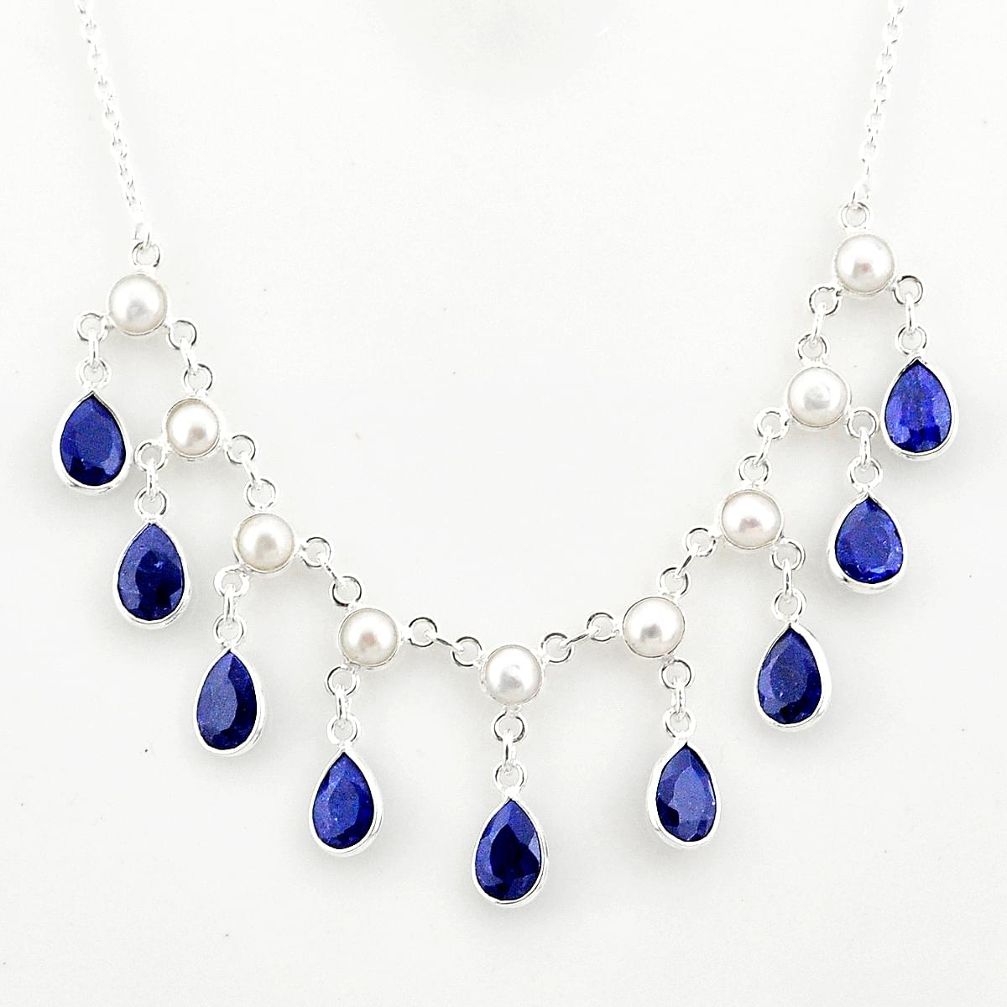 24.62cts natural blue sapphire white pearl 925 sterling silver necklace r77416