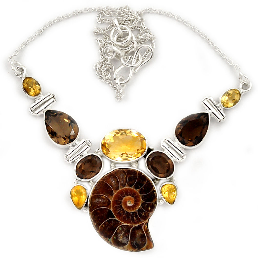 Natural brown ammonite fossil smoky topaz citrine 925 silver necklace j13321