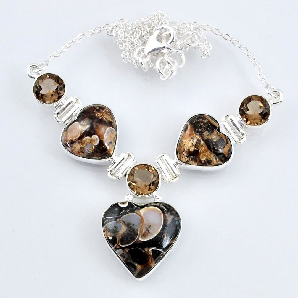 47.23cts natural brown mushroom rhyolite smoky topaz 925 silver necklace r58702