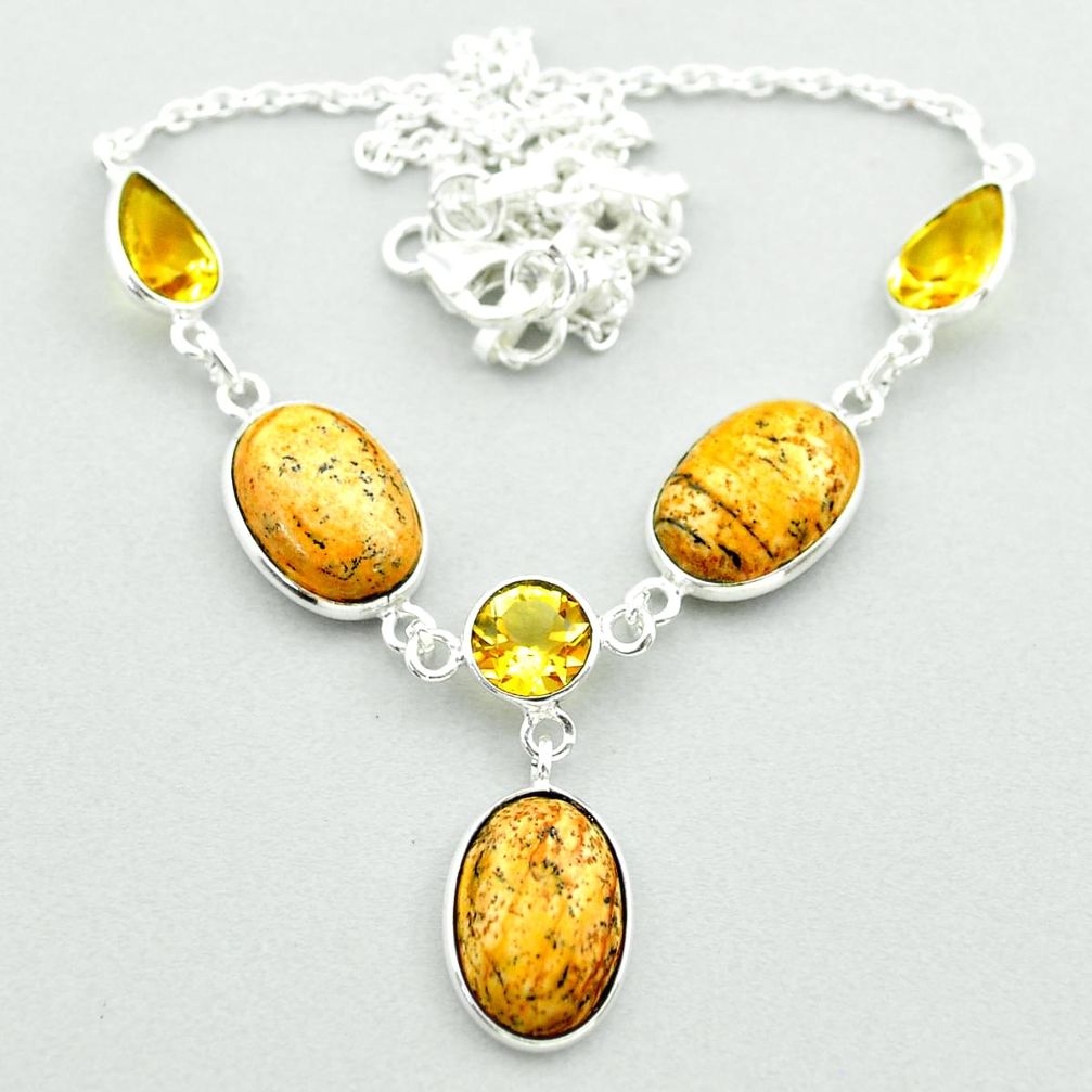 22.29cts natural brown picture jasper yellow citrine 925 silver necklace t54911