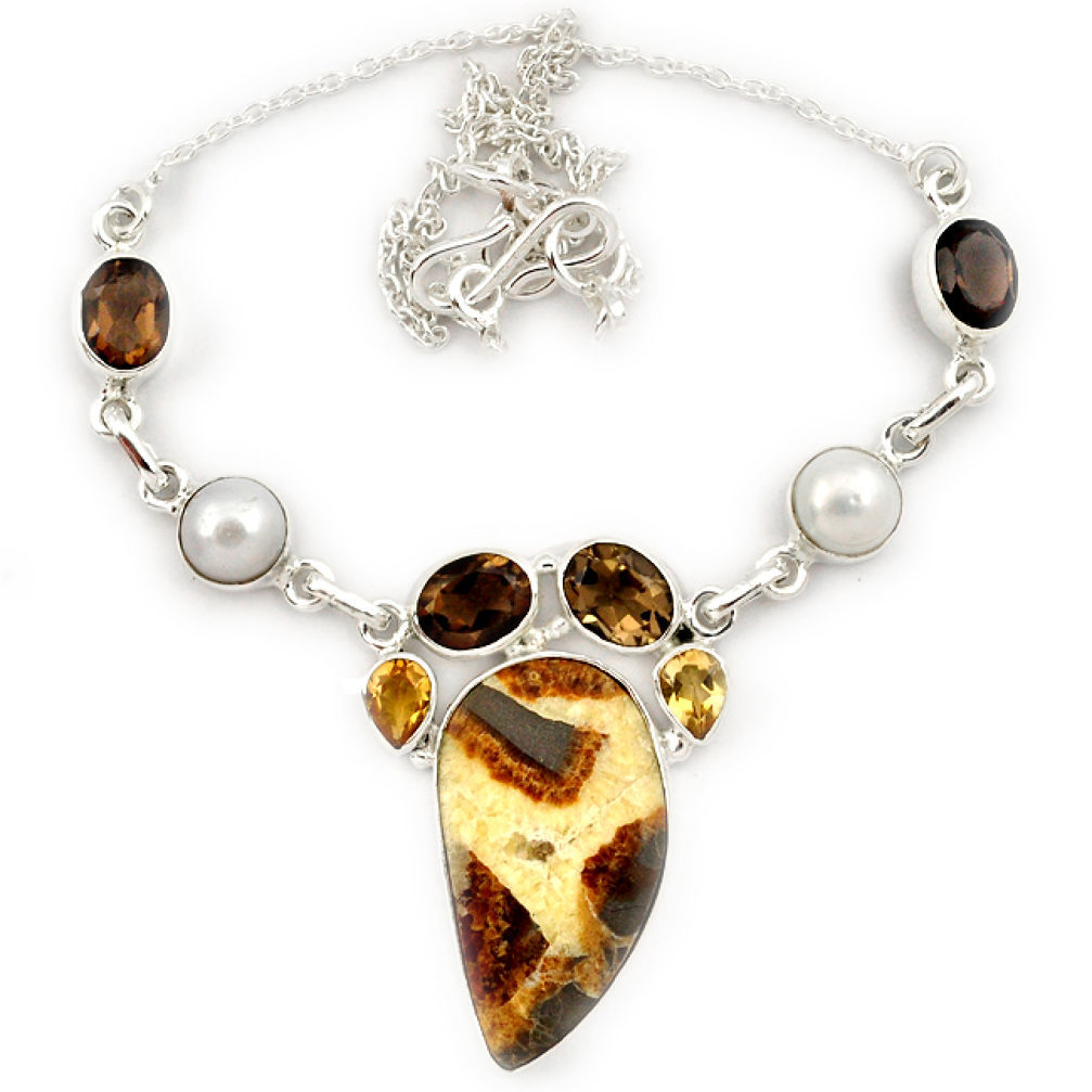 Natural brown septarian nodules (dragon stone) topaz 925 silver necklace j13331