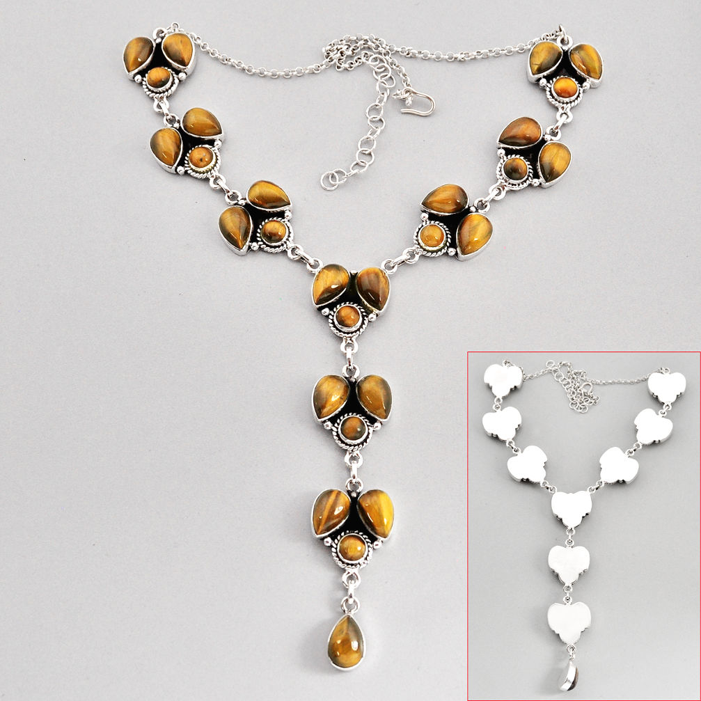 88.84cts natural brown tiger's eye 925 sterling silver necklace jewelry c32701