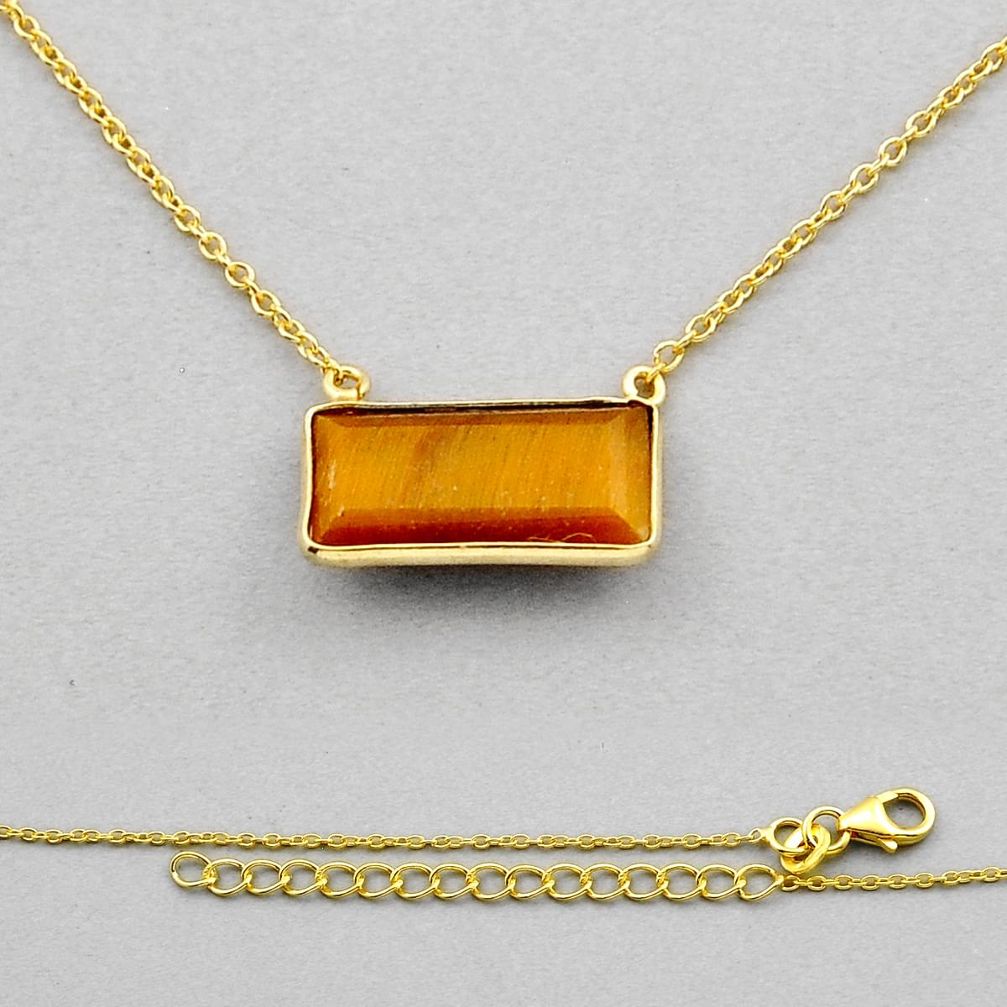 6.23cts natural brown tiger's eye baguette sterling silver gold necklace y89563