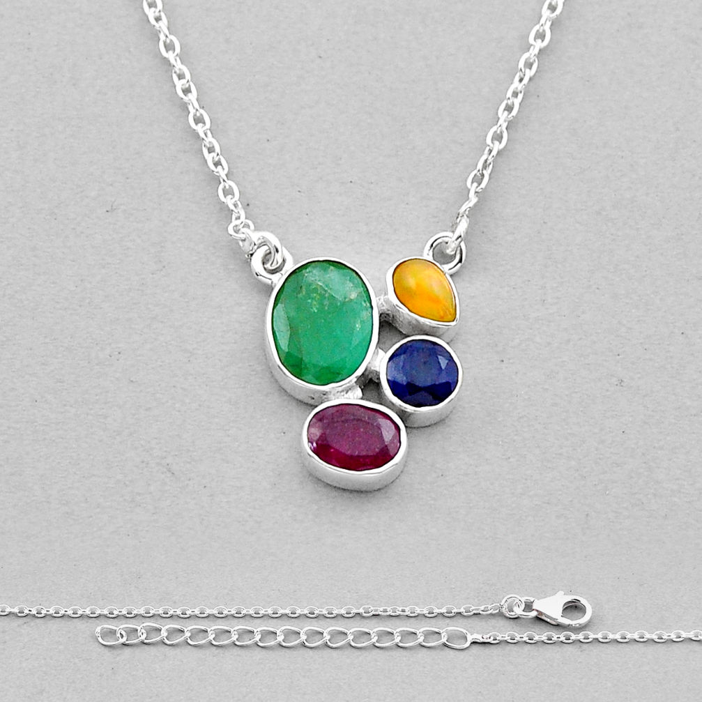 5.27cts natural emerald ethiopian opal ruby sapphire 925 esilver necklace n49509