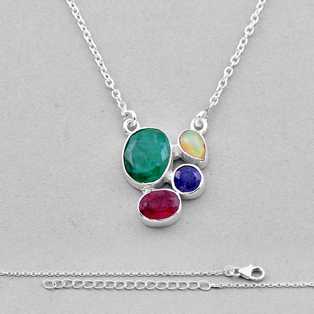 6.58cts natural emerald ethiopian opal ruby sapphire 925 silver necklace n49512