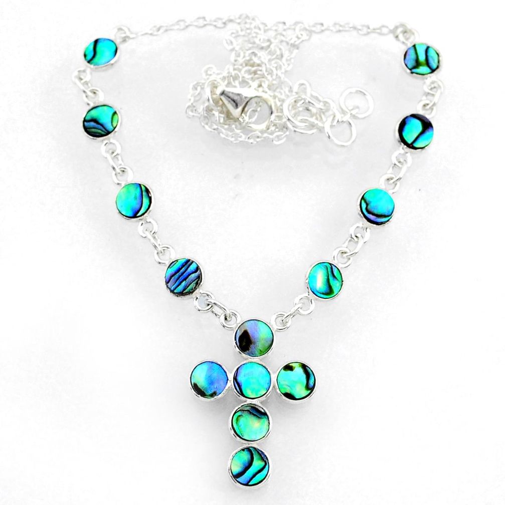 7.98cts natural green abalone paua seashell 925 silver cross necklace r71990