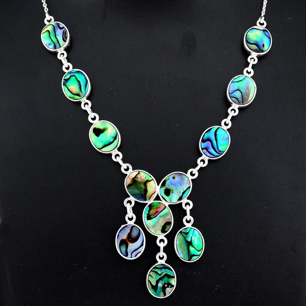 29.82cts natural green abalone paua seashell 925 sterling silver necklace r94087