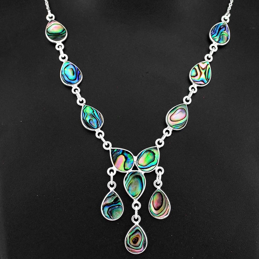 21.20cts natural green abalone paua seashell 925 sterling silver necklace r94101