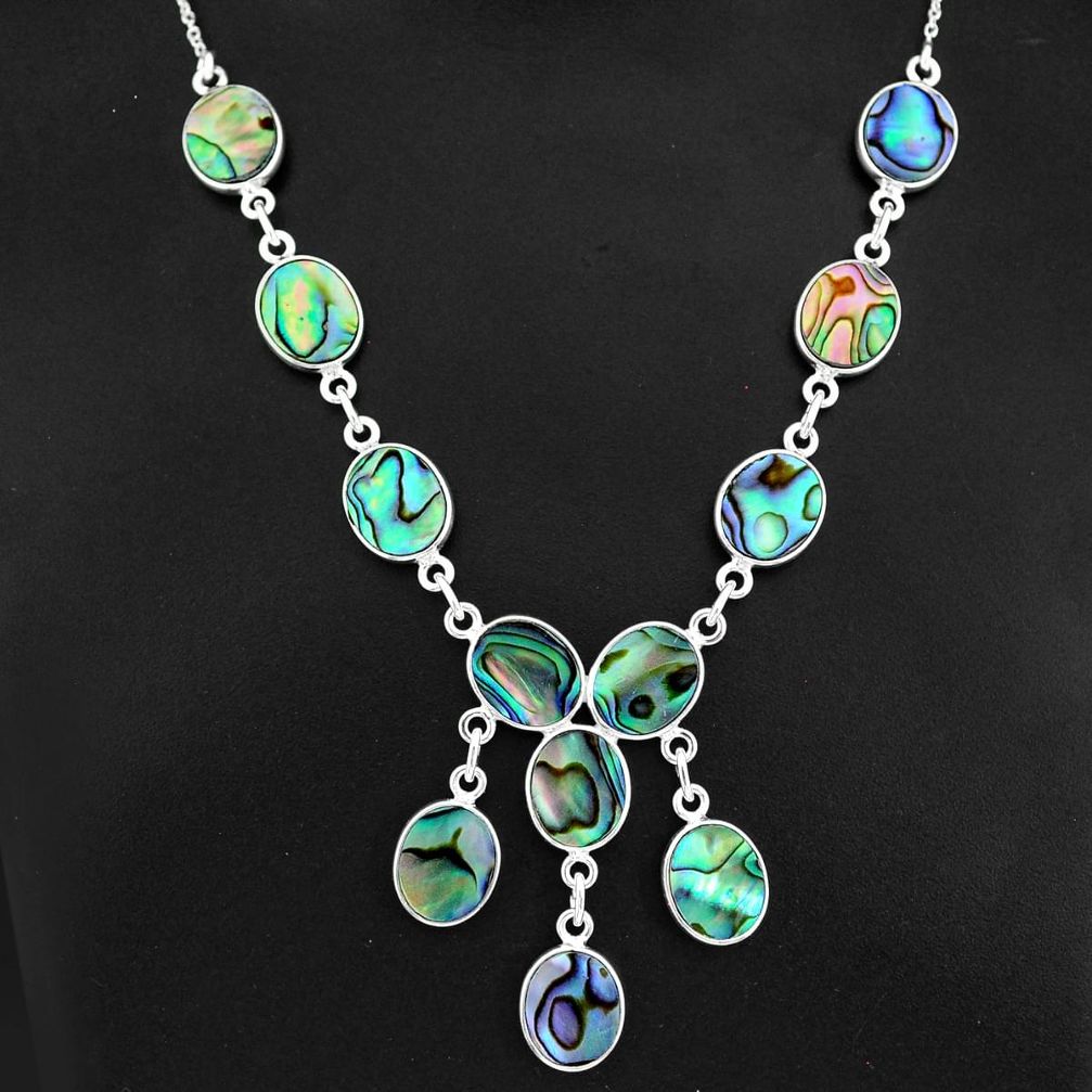 29.85cts natural green abalone paua seashell 925 sterling silver necklace r94102